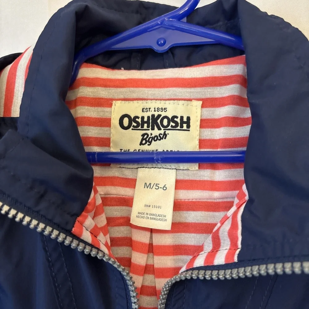 Osh Kosh B'gosh Rain Coat Jacket Girls 5/6 Blue Full Zip Hooded Pockets NWOT